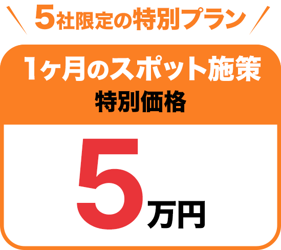 5社限定の特別プラン　1ヶ月のスポット施策特別価格5万円