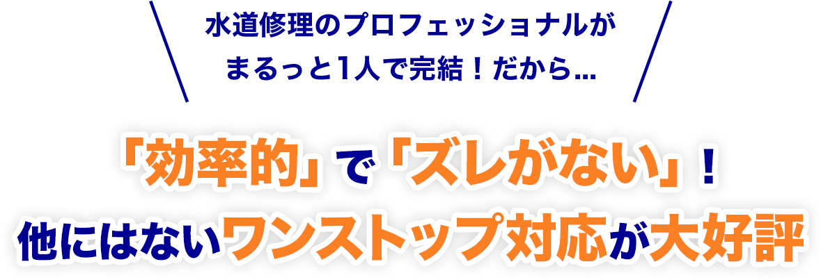 水道修理のプロフェッショナルが
				まるっと1人で完結！だから...「効率的」で「ズレがない」！
				他にはないワンストップ対応が大好評